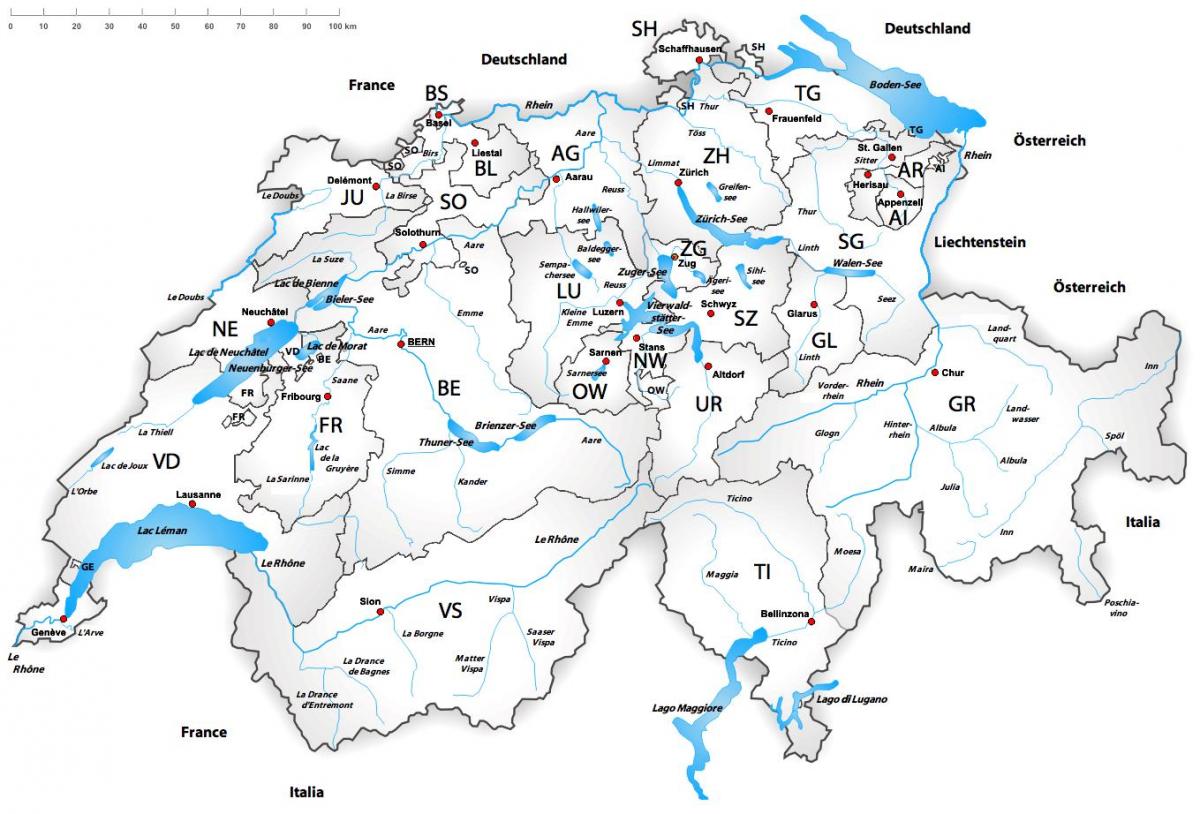 Fiumi in Svizzera mappa